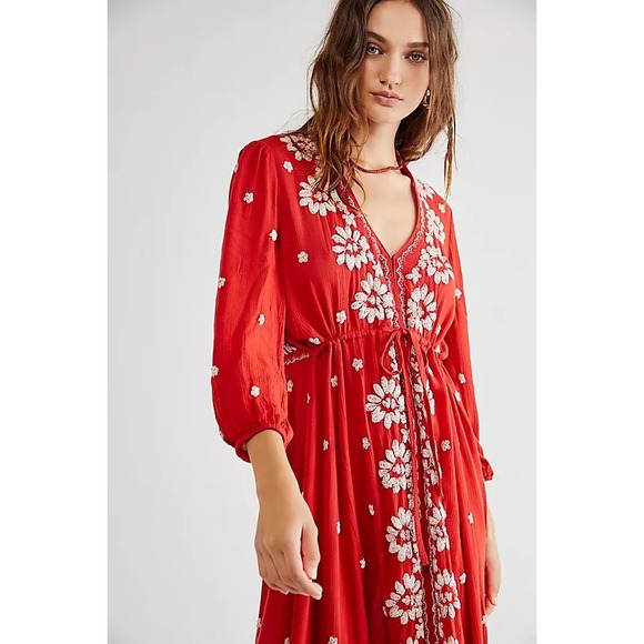Free People Dresses & Skirts - Free People Red Maxi Dress with White Floral Embroidery Accents